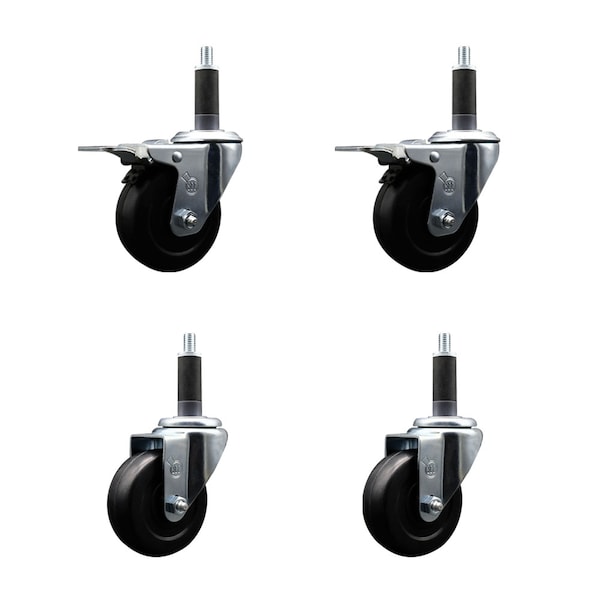 3.5'' Hard Rubber Swivel 1'' Expand Stem Caster Set 2 Total Lock Brakes, 4PK